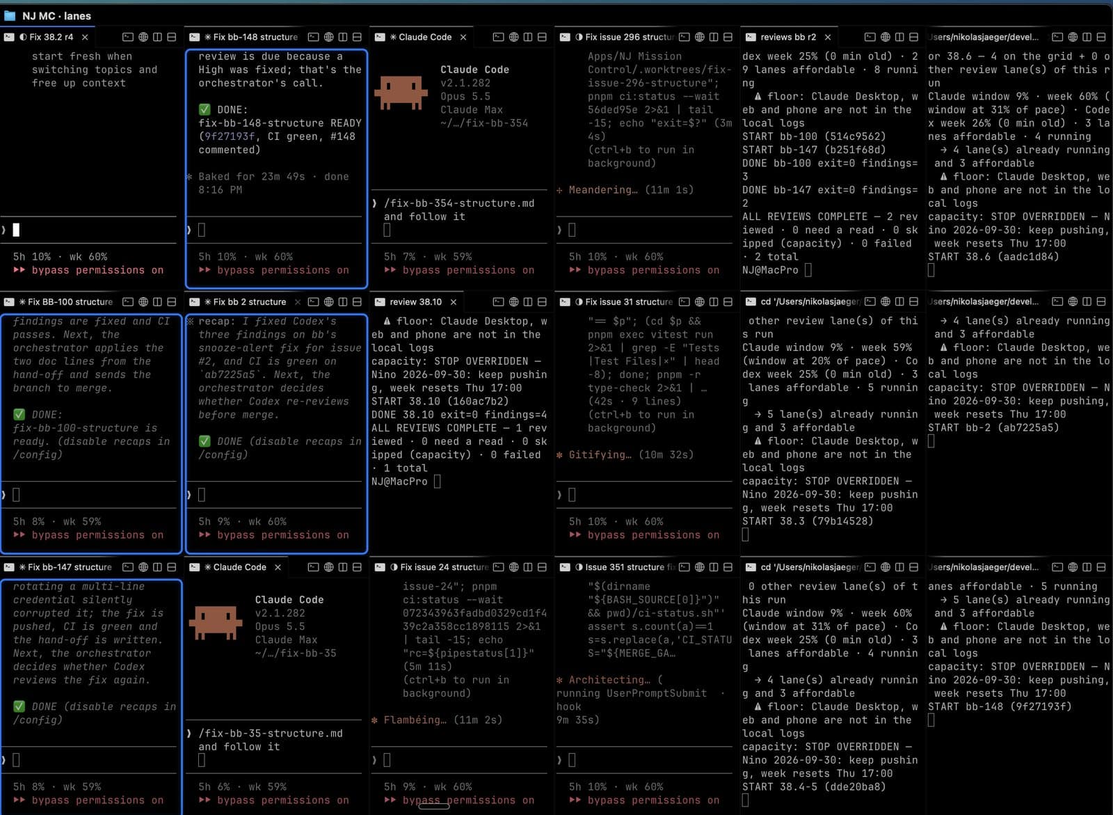 A grid of terminal windows, each one an AI agent fixing, reviewing or building part of an app at the same time.
