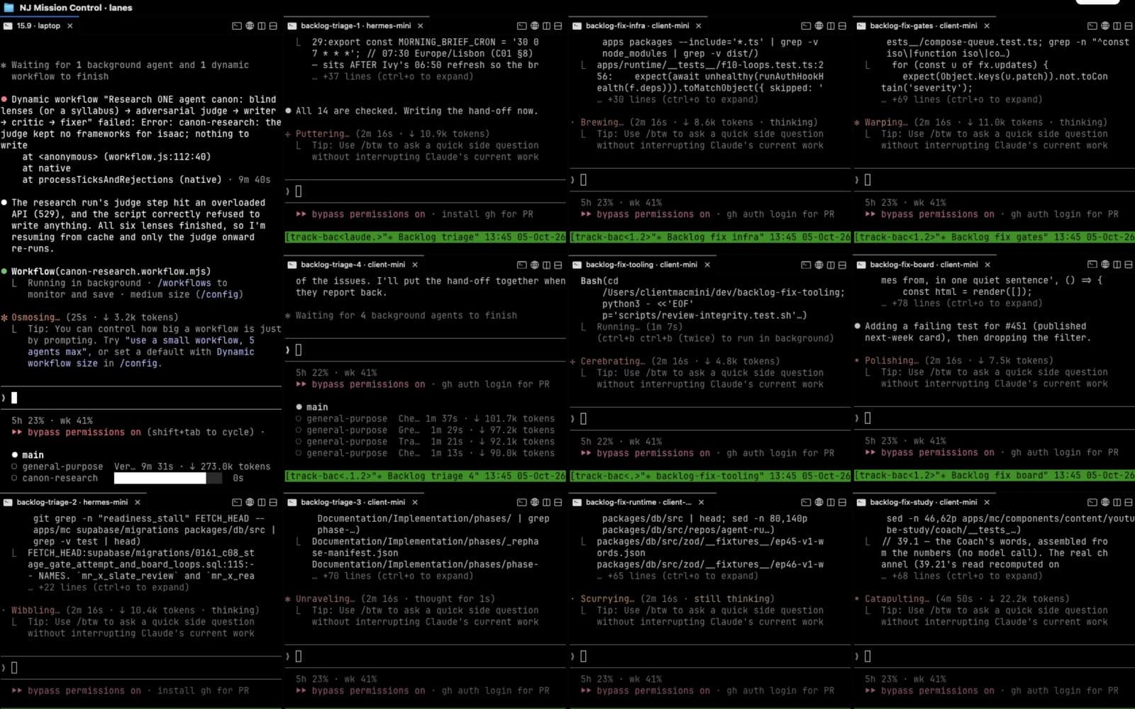 AI agents triaging and fixing a backlog in parallel, each in its own terminal pane.
